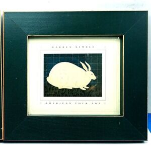 Warren Kimble American Folk Art Rabbit Print Framed 10x9 Green Gold Matted Decor